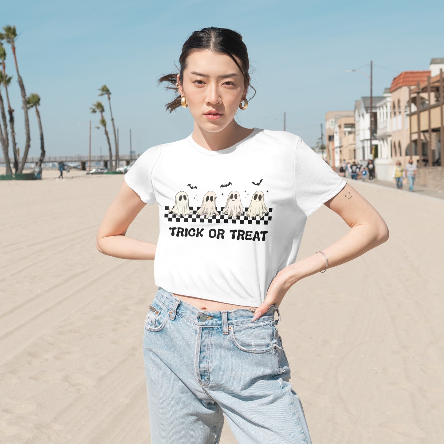 Women's Spooky Checkered Cropped Tee