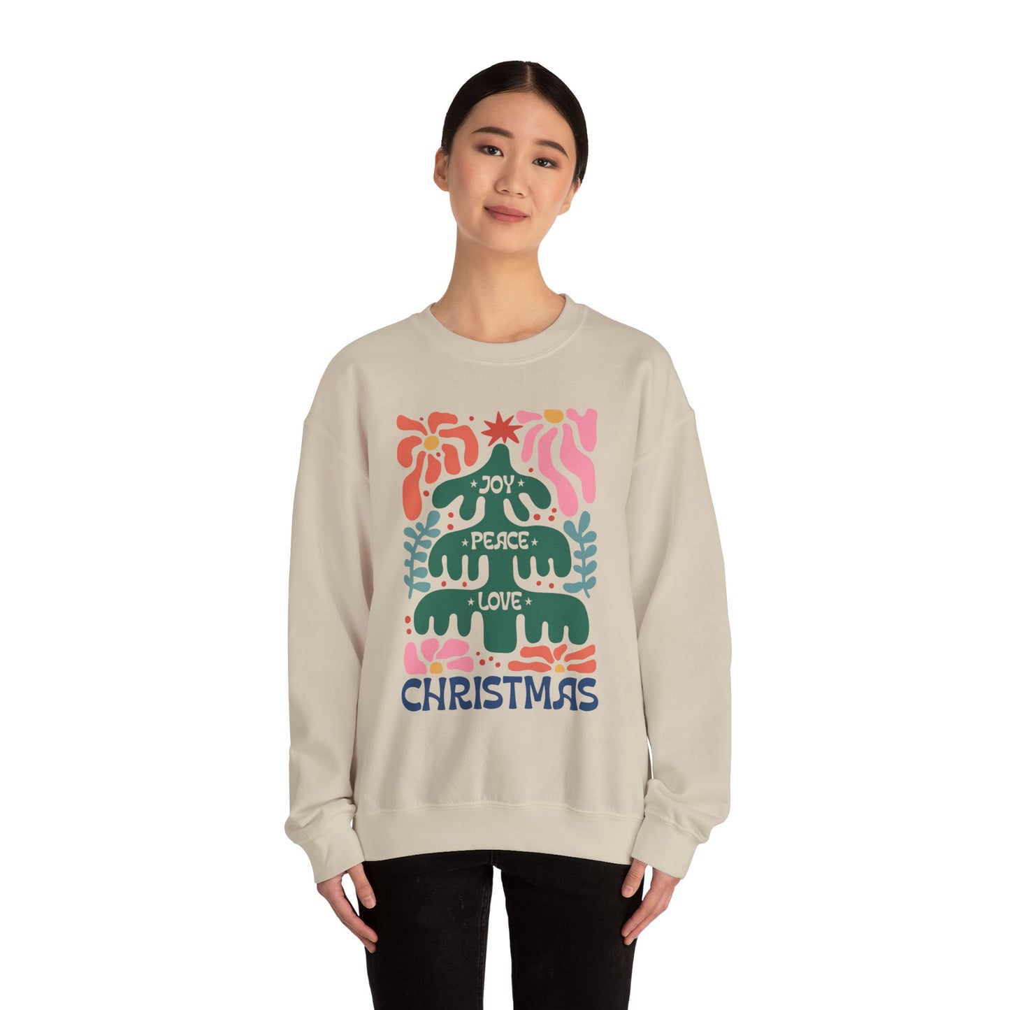 Boho Christmas Crewneck Sweatshirt - Joy, Peace, Love - Merry Christmas Style