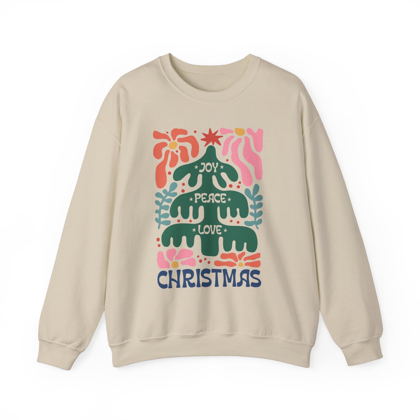 Boho Christmas Crewneck Sweatshirt - Joy, Peace, Love - Merry Christmas Style