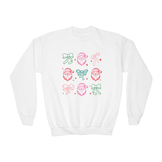 Youth Crewneck Sweatshirt - Festive Bows and Cheerful Santas with Stars