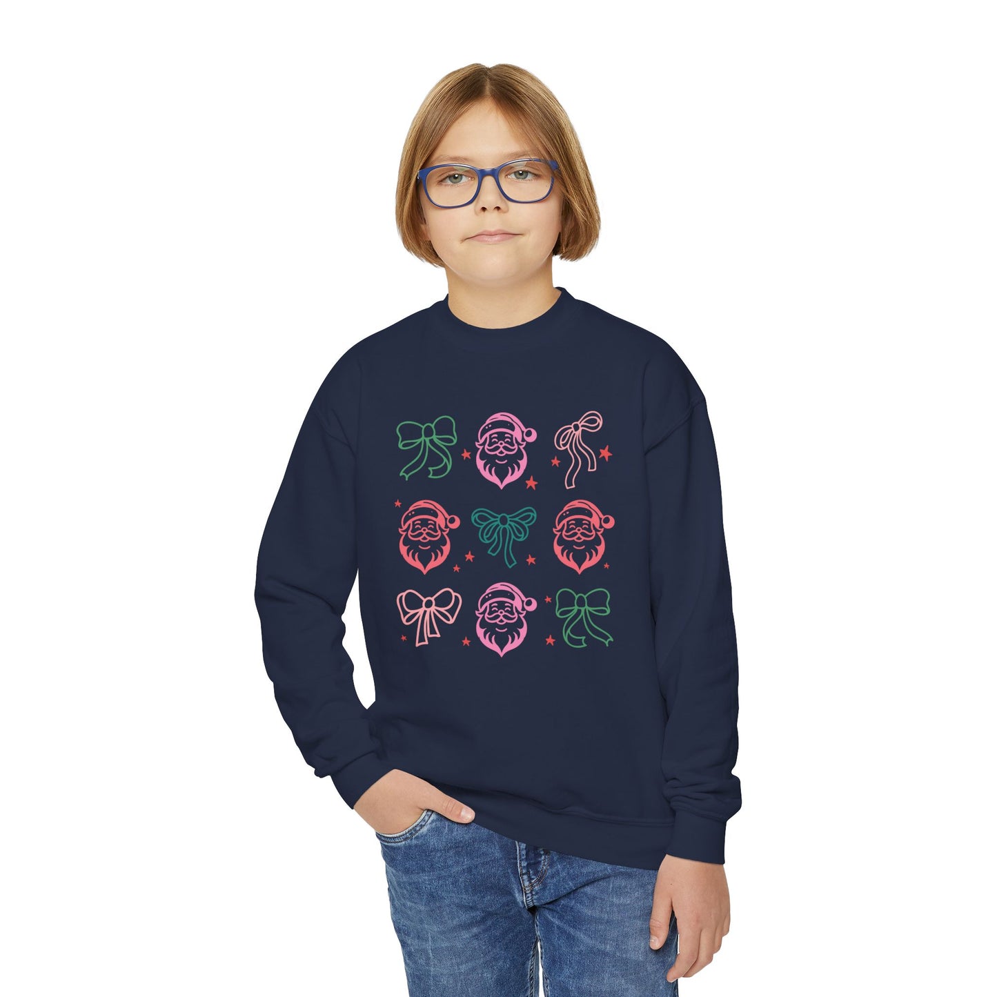 Youth Crewneck Sweatshirt - Festive Bows and Cheerful Santas with Stars