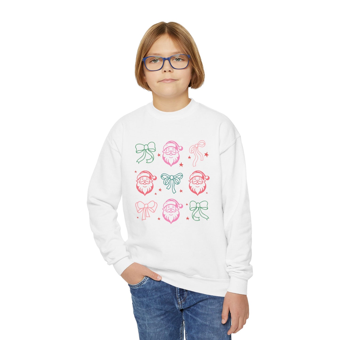 Youth Crewneck Sweatshirt - Festive Bows and Cheerful Santas with Stars