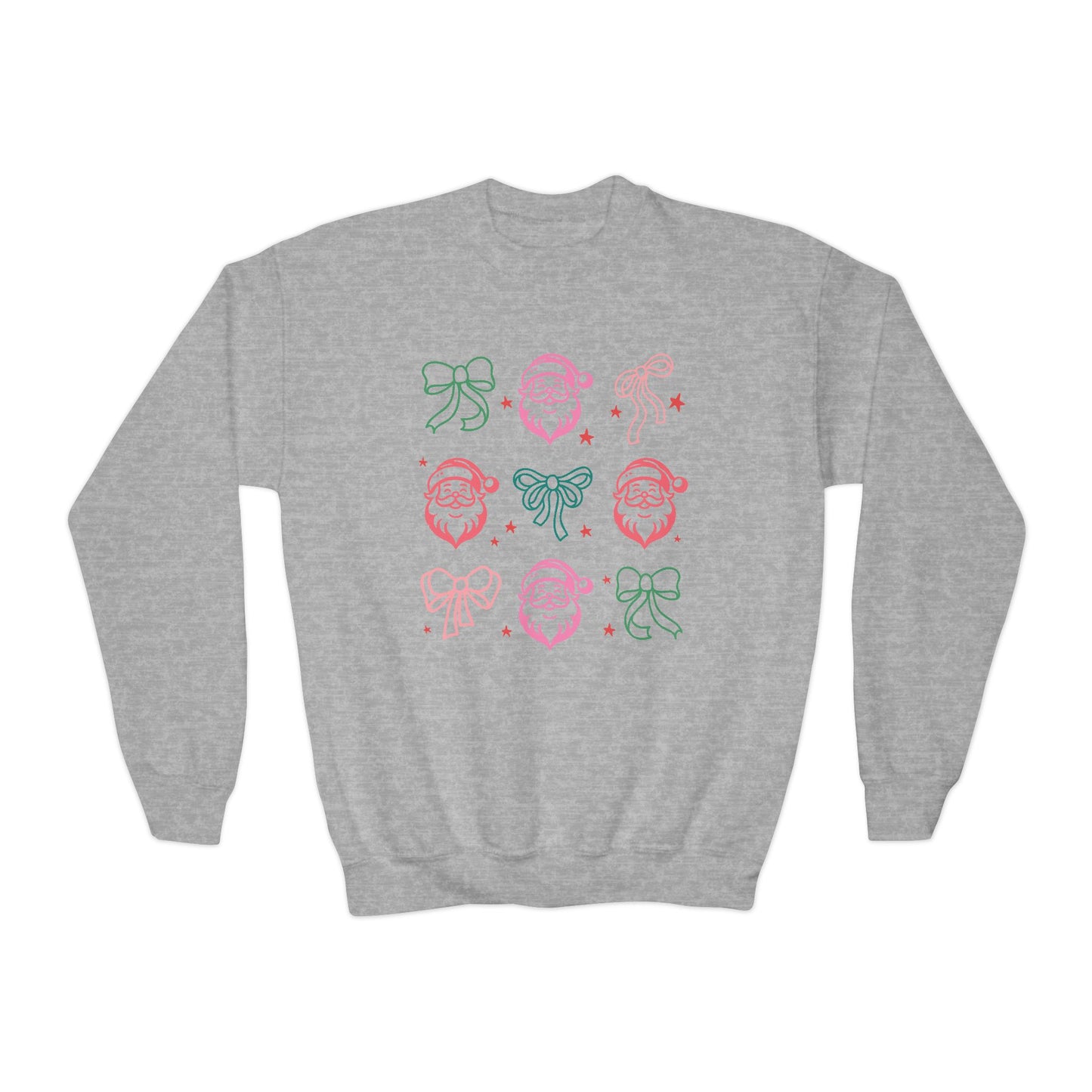 Youth Crewneck Sweatshirt - Festive Bows and Cheerful Santas with Stars