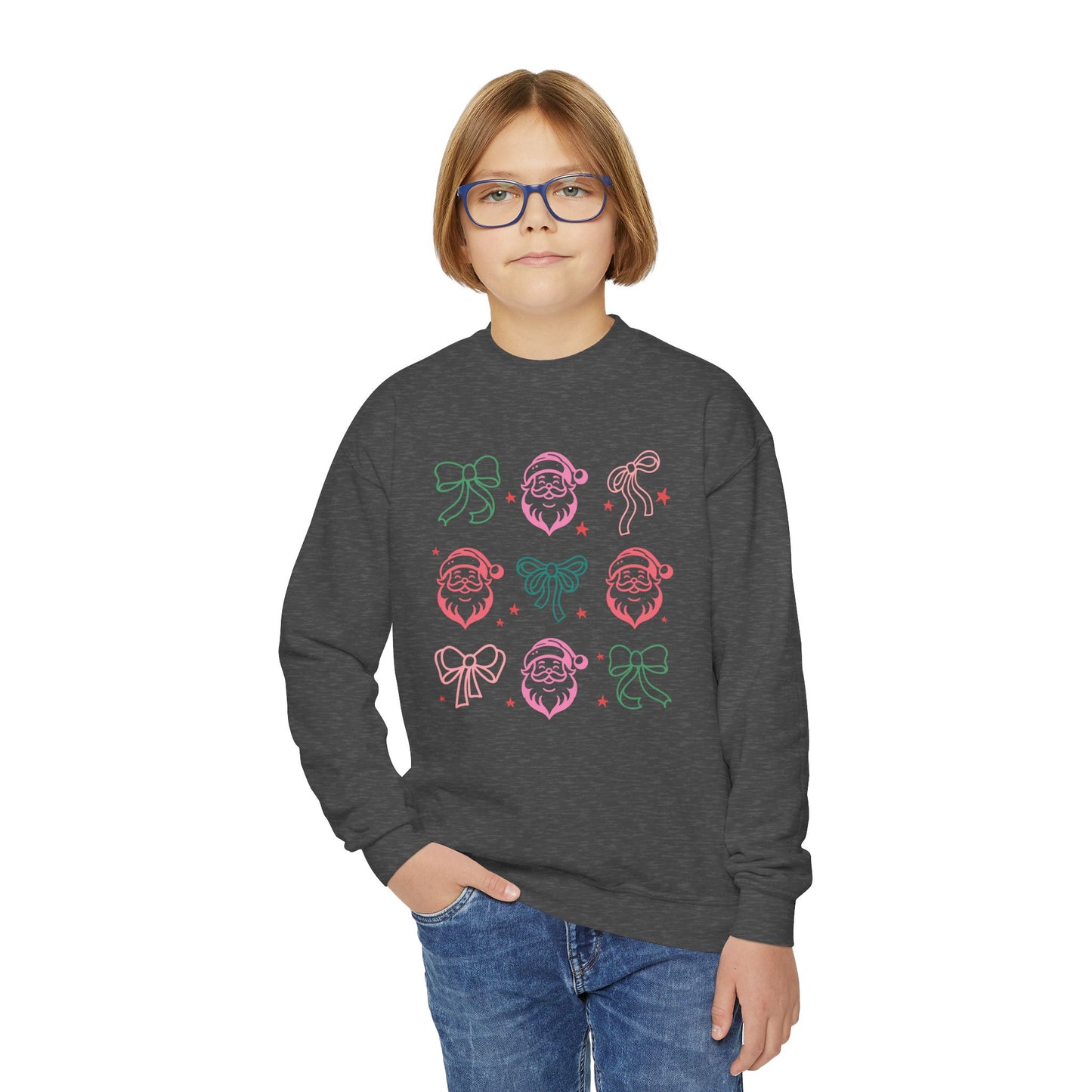 Youth Crewneck Sweatshirt - Festive Bows and Cheerful Santas with Stars