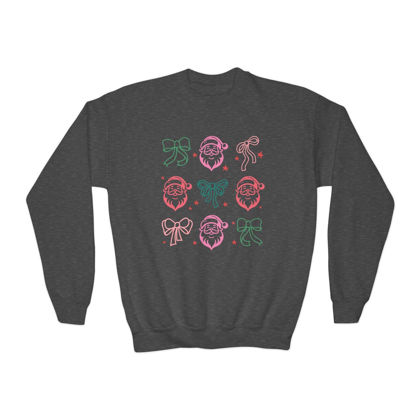 Youth Crewneck Sweatshirt - Festive Bows and Cheerful Santas with Stars