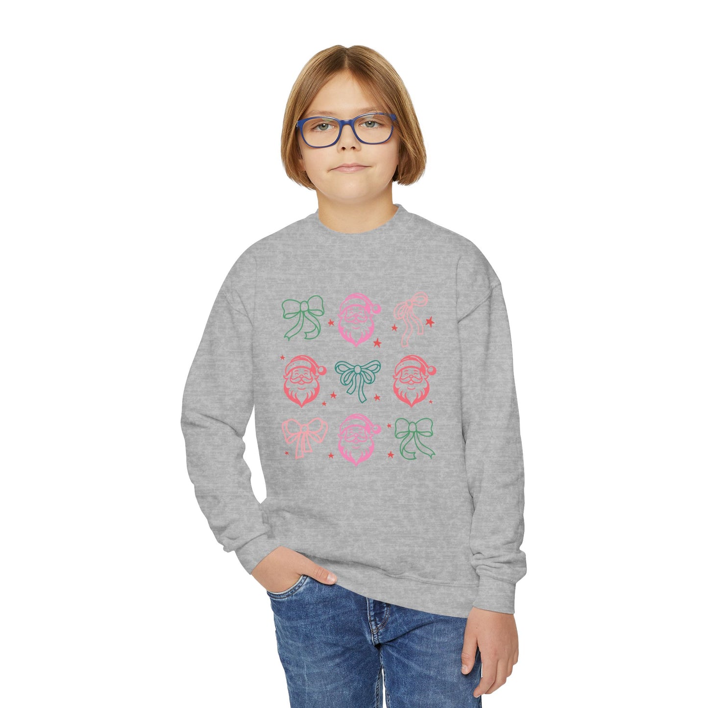 Youth Crewneck Sweatshirt - Festive Bows and Cheerful Santas with Stars